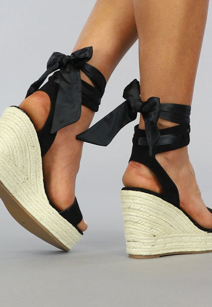 SALE50 Zwarte Boho Sleehak Sandaletten met Strikdetail