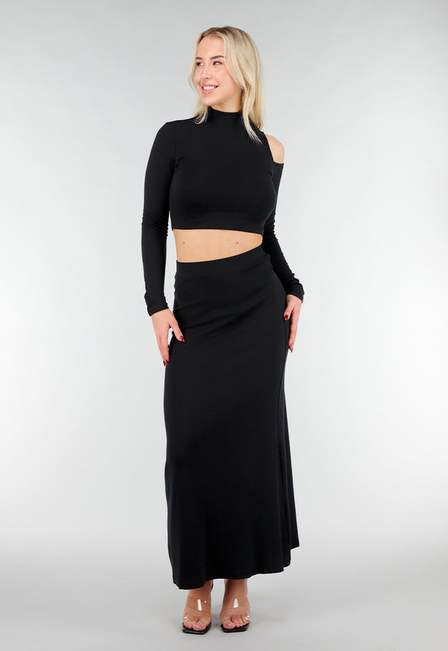 SALE50 Zwarte Cold Shoulder Two Piece Stretch Set
