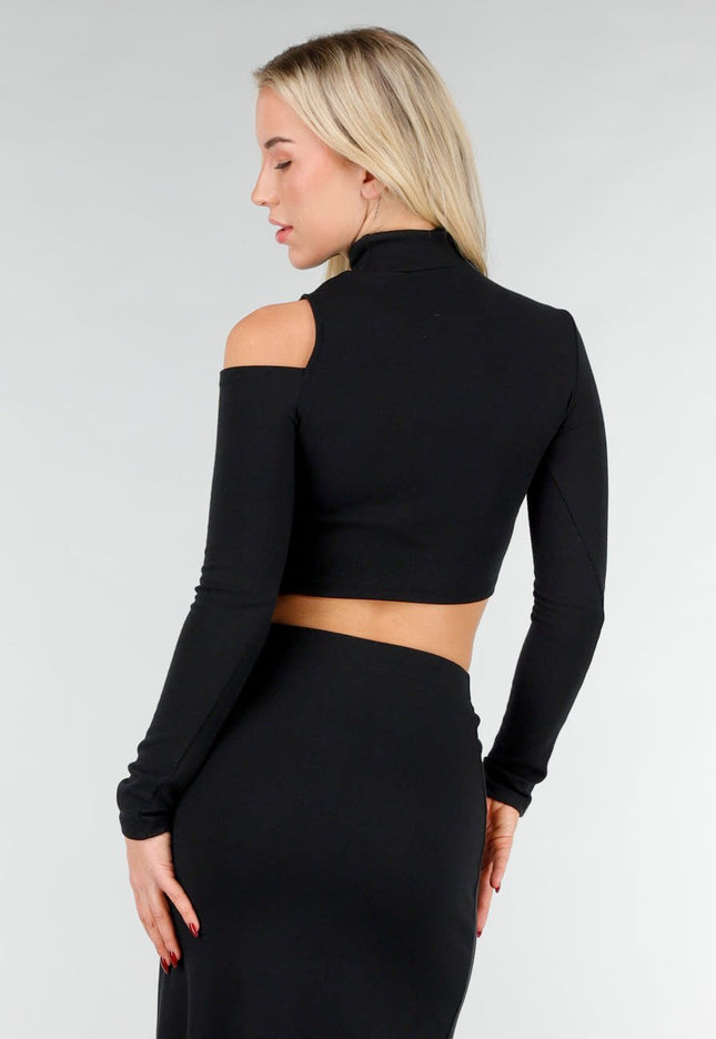 SALE50 Zwarte Cold Shoulder Two Piece Stretch Set