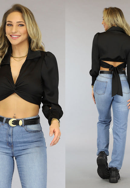 SALE50 Zwarte Crop Blouse met Strikdetail