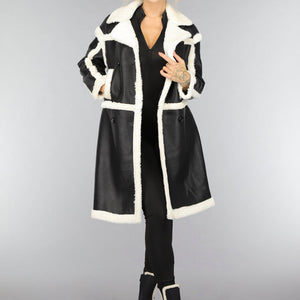 SALE50 Zwarte Lange Lederlook Teddy Mantel Jas