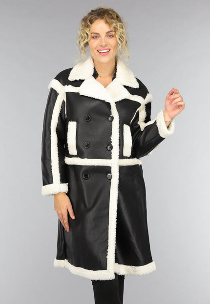 SALE50 Zwarte Lange Lederlook Teddy Mantel Jas