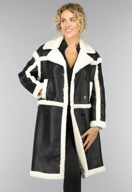 SALE50 Zwarte Lange Lederlook Teddy Mantel Jas