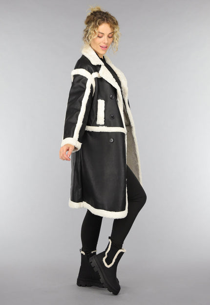 SALE50 Zwarte Lange Lederlook Teddy Mantel Jas
