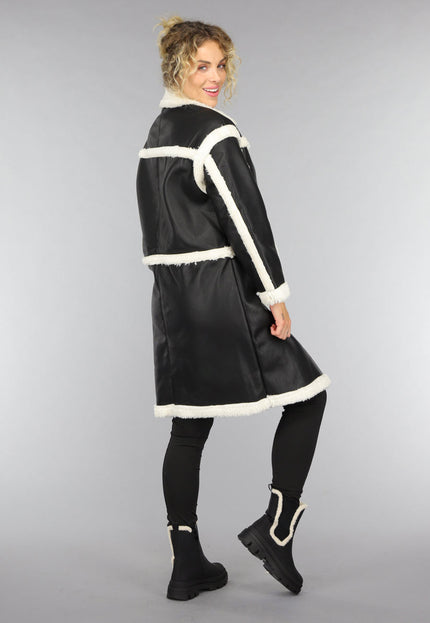 SALE50 Zwarte Lange Lederlook Teddy Mantel Jas
