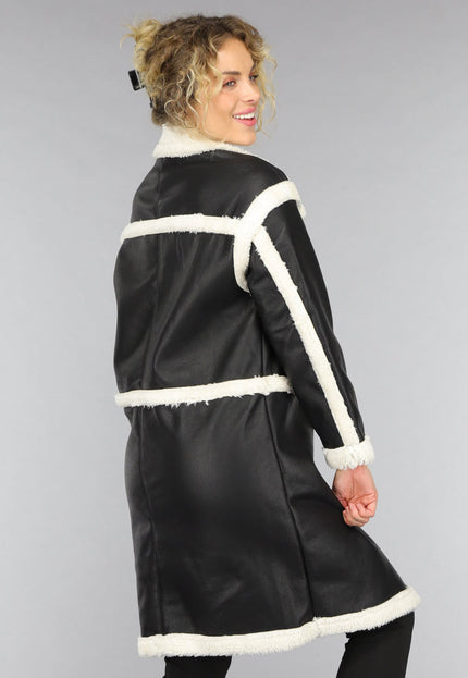 SALE50 Zwarte Lange Lederlook Teddy Mantel Jas