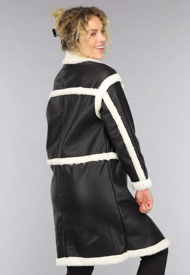 SALE50 Zwarte Lange Lederlook Teddy Mantel Jas