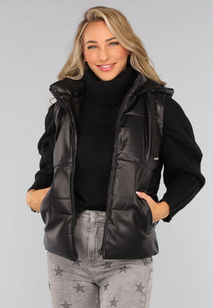 SALE50 Zwarte Lederlook Bodywarmer met Capuchon