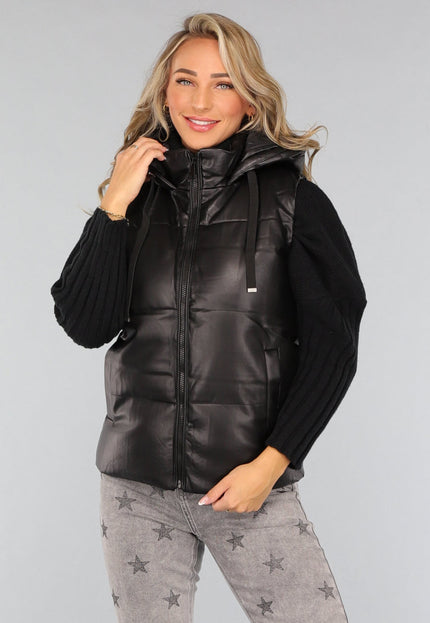 SALE50 Zwarte Lederlook Bodywarmer met Capuchon