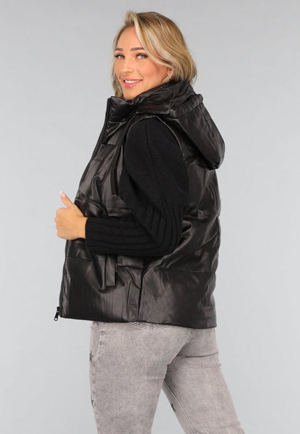 SALE50 Zwarte Lederlook Bodywarmer met Capuchon