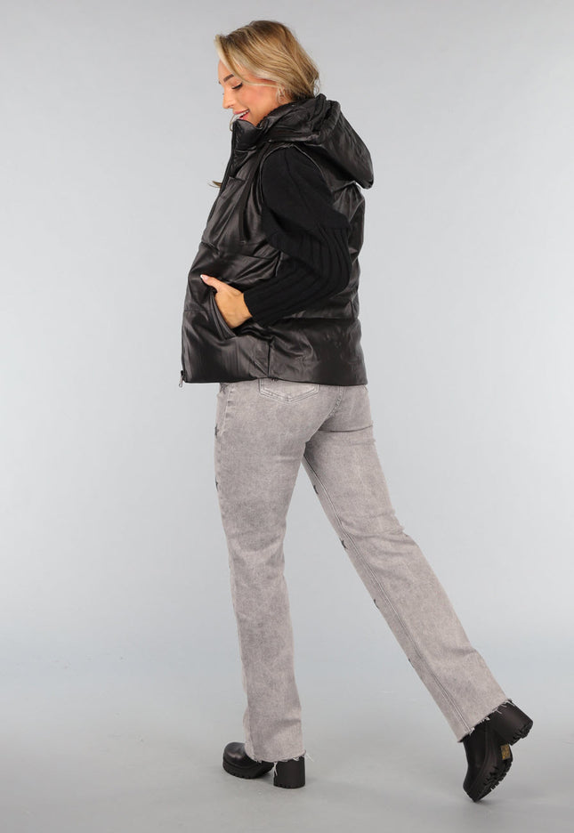 SALE50 Zwarte Lederlook Bodywarmer met Capuchon