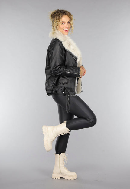 SALE50 Zwarte Lederlook Faux Fur Biker Jas