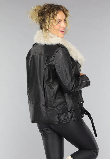 SALE50 Zwarte Lederlook Faux Fur Biker Jas