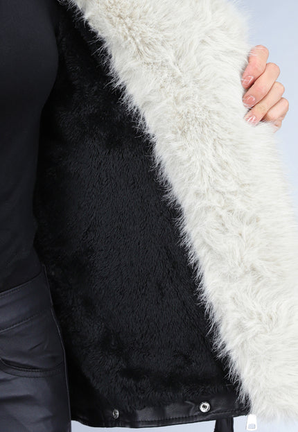 SALE50 Zwarte Lederlook Faux Fur Biker Jas