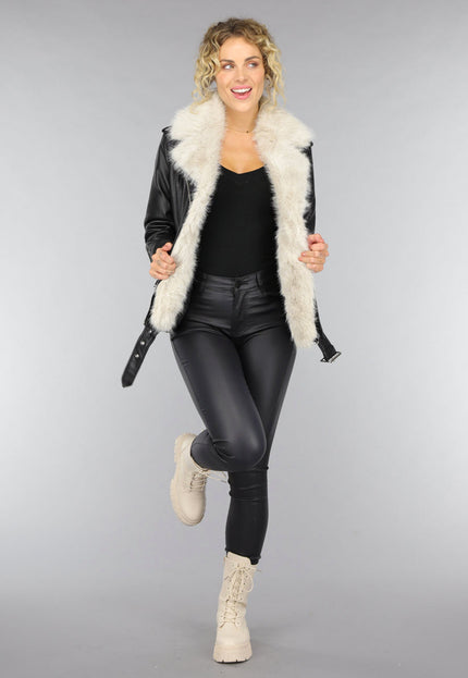 SALE50 Zwarte Lederlook Faux Fur Biker Jas