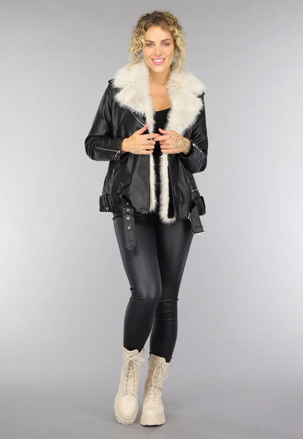 SALE50 Zwarte Lederlook Faux Fur Biker Jas