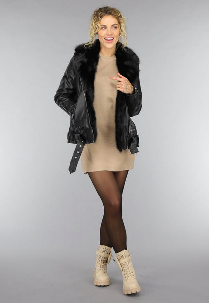 SALE50 Zwarte Lederlook Jas met Bontkraag