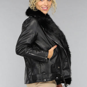 SALE50 Zwarte Lederlook Jas met Bontkraag