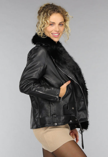 SALE50 Zwarte Lederlook Jas met Bontkraag