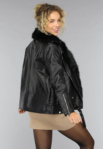 SALE50 Zwarte Lederlook Jas met Bontkraag