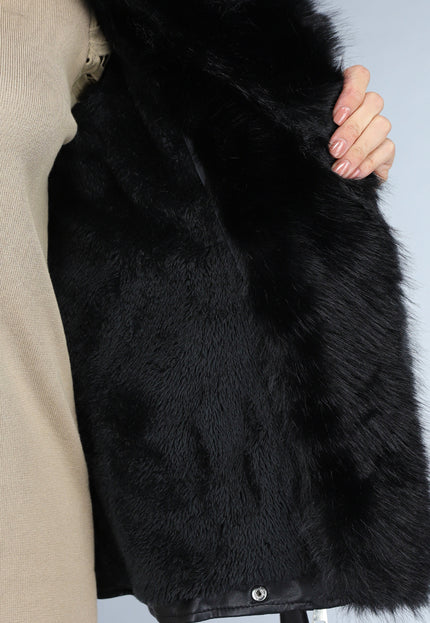 SALE50 Zwarte Lederlook Jas met Bontkraag