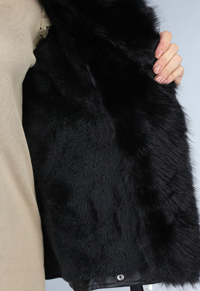 SALE50 Zwarte Lederlook Jas met Bontkraag