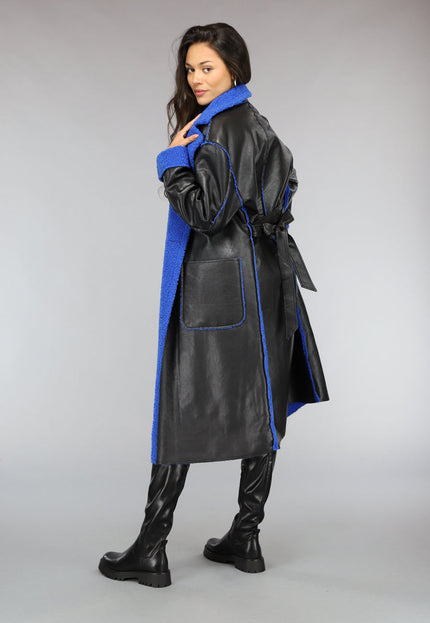 SALE50 Zwarte Leren Trenchcoat met Blauwe Teddy Voering