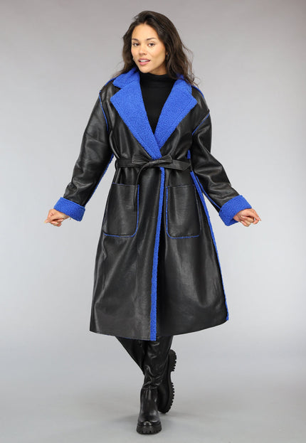 SALE50 Zwarte Leren Trenchcoat met Blauwe Teddy Voering