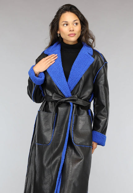 SALE50 Zwarte Leren Trenchcoat met Blauwe Teddy Voering