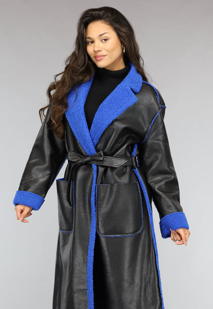 SALE50 Zwarte Leren Trenchcoat met Blauwe Teddy Voering