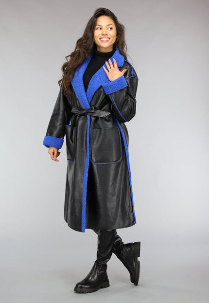 SALE50 Zwarte Leren Trenchcoat met Blauwe Teddy Voering