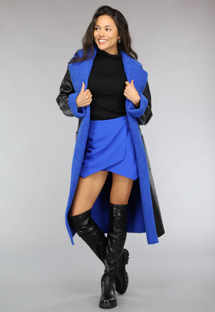 SALE50 Zwarte Leren Trenchcoat met Blauwe Teddy Voering