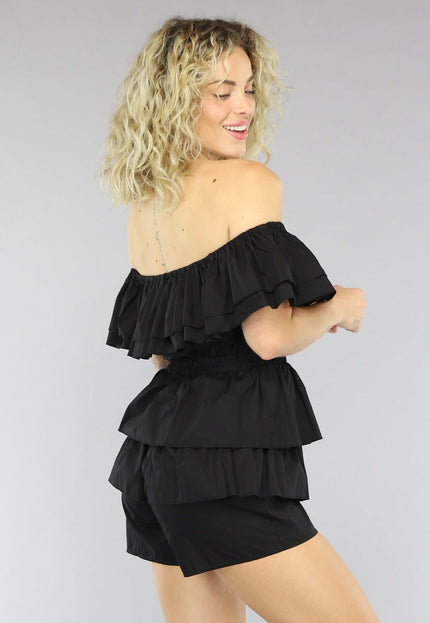 SALE50 Zwarte Off Shoulder Ruffle Playsuit