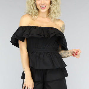 SALE50 Zwarte Off Shoulder Ruffle Playsuit