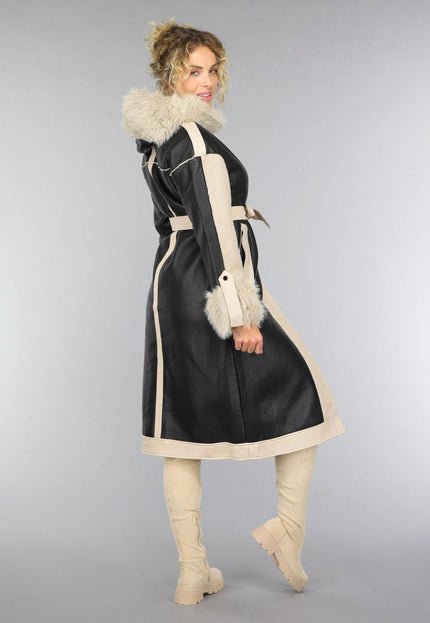 SALE50 Zwarte Teddy Trenchcoat met Bontkraag