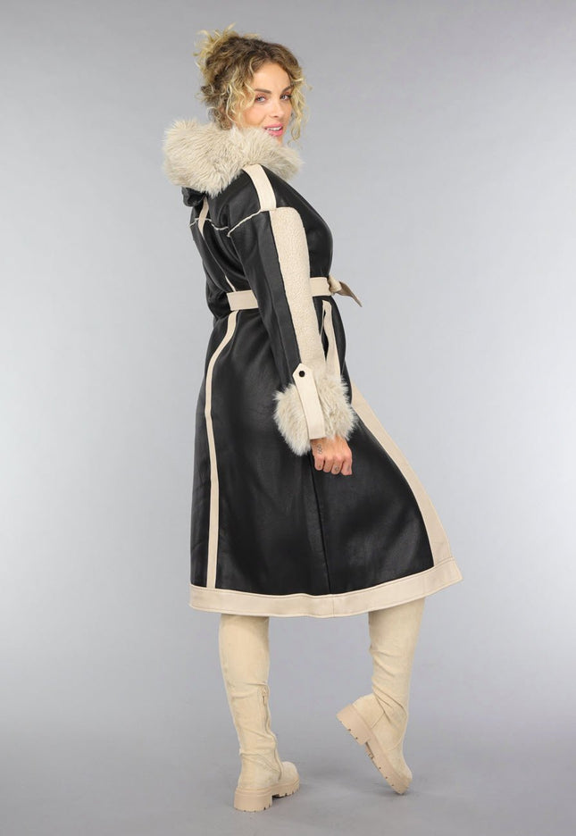 SALE50 Zwarte Teddy Trenchcoat met Bontkraag