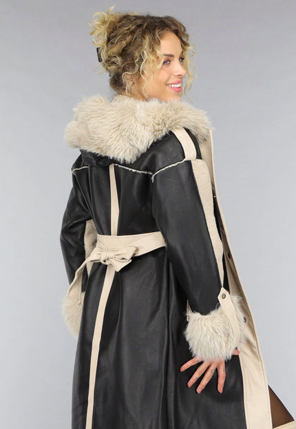 SALE50 Zwarte Teddy Trenchcoat met Bontkraag