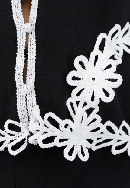 SALE50 Zwarte Two Piece met Witte Gehaakte Detail en Stretch