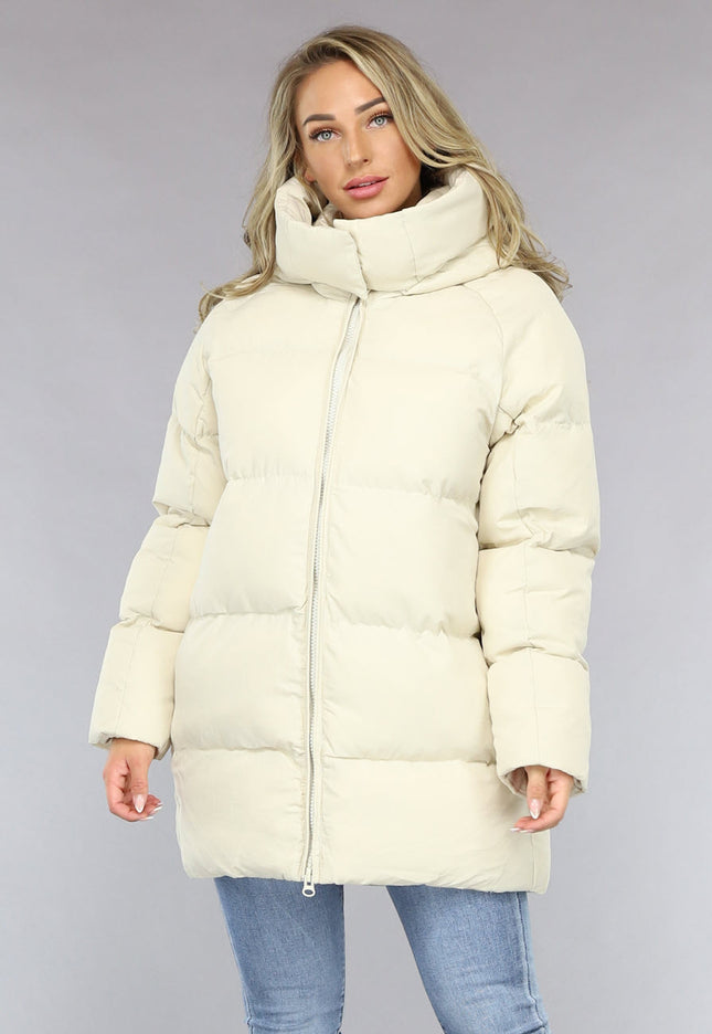 SALE80 Beige Puffer Jas met Afritsbare Capuchon