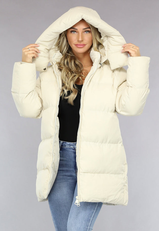 SALE80 Beige Puffer Jas met Afritsbare Capuchon