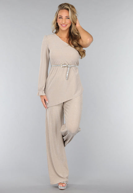 SALE80 Beige Shimmer Top met Enkele Mouw
