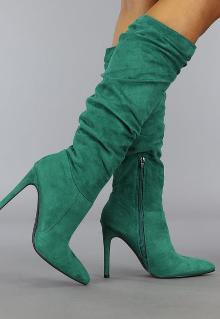SALE80 Groene Geplooide Laars met Stiletto Hak