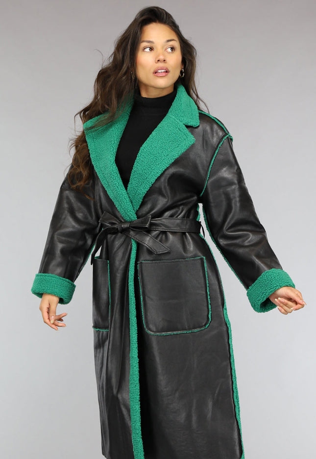 SALE80 Lange Lederlook Jas met Groene Teddy Voering