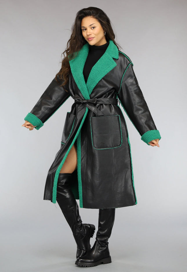 SALE80 Lange Lederlook Jas met Groene Teddy Voering