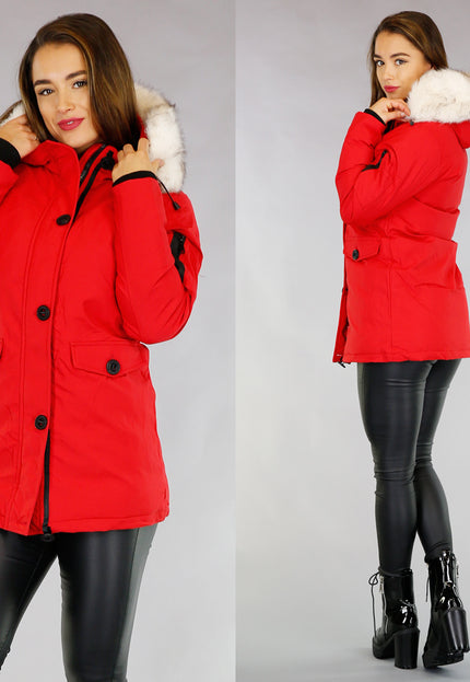 SALE80 Rode Gewatteerde Parka met Beige Imitatiebont