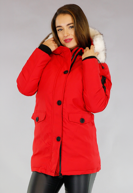 SALE80 Rode Gewatteerde Parka met Beige Imitatiebont