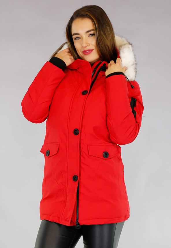 SALE80 Rode Gewatteerde Parka met Beige Imitatiebont