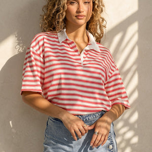 SALE80 Roze Gestreepte Polo T-shirt met Kraag