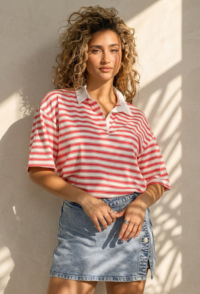 SALE80 Roze Gestreepte Polo T-shirt met Kraag