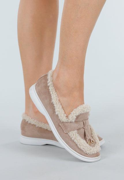 SALE80 Taupe Loafers met Bont